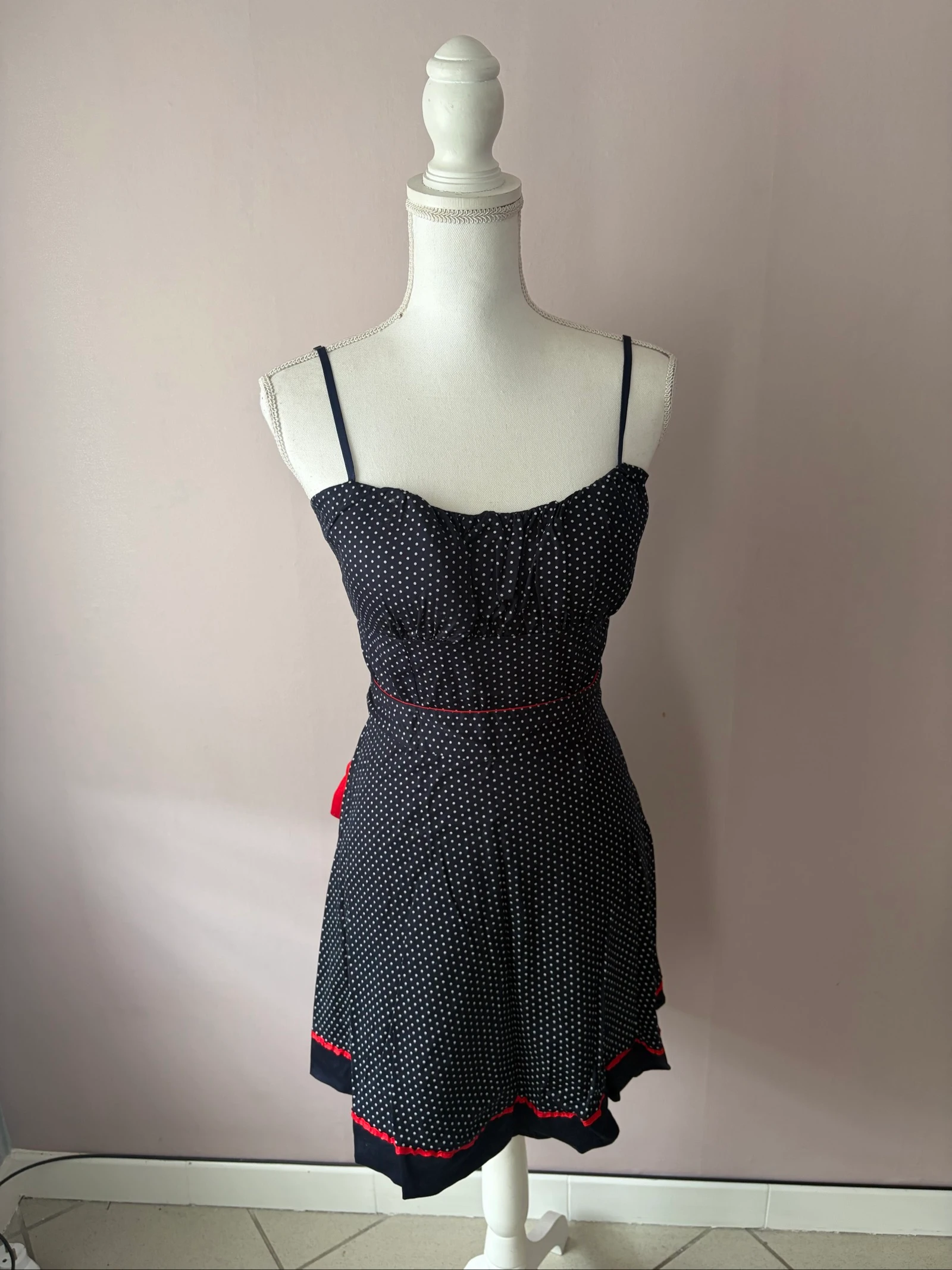 Robe Courte Pin-Up / Rockabilly à Pois Bleu Marine & Rouge - Taille S - Made in Italy